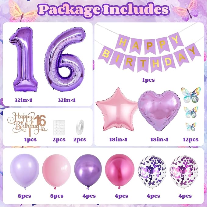 16th Purple Birthday Decorations,Pink Purple 16th Birthday Decorations for Girls Lavender Party Decor Number Foil Balloons Cake Topper Butterfly Stickers for Girls 16 Year Old Party Decorations