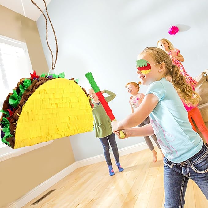 Hooqict Taco Pinata Set Mexican Birthday Party Pinata with Stick & Blindfold for Kids Adults Cinco de Mayo Taco Decorations Mexican Party Games Fiesta Themed Birthday Party Supplies