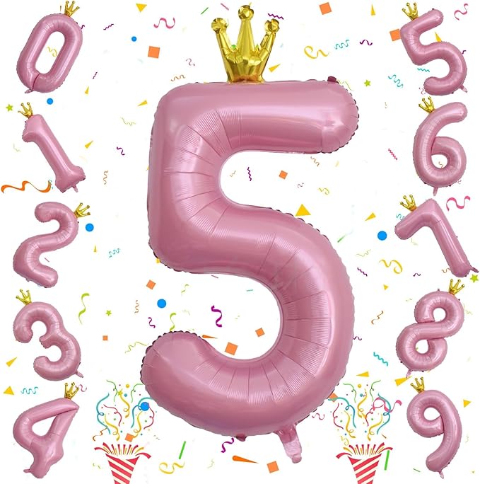 40 Inch Pastel Pink 5 Number Balloons, Giant Foil 5th Birthday Number Balloon, Crown Self Inflating Light Pink Balloons 0-9 Set for Girls Women Birthday Party Decor Anniversary Decorations Supplies