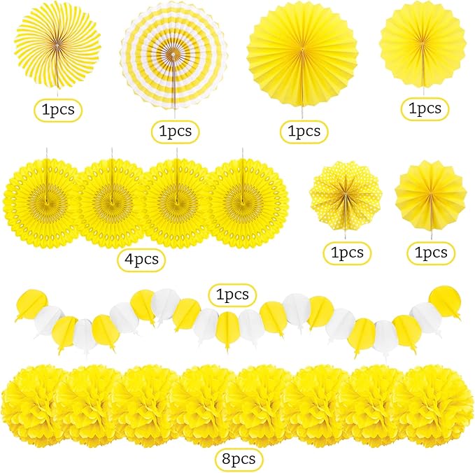 Yellow Party Decorations, Papar Fans Pompoms Fans Garlands for Birthday Bridal Baby Shower Wedding Graduation Spring Festival Party Decorations