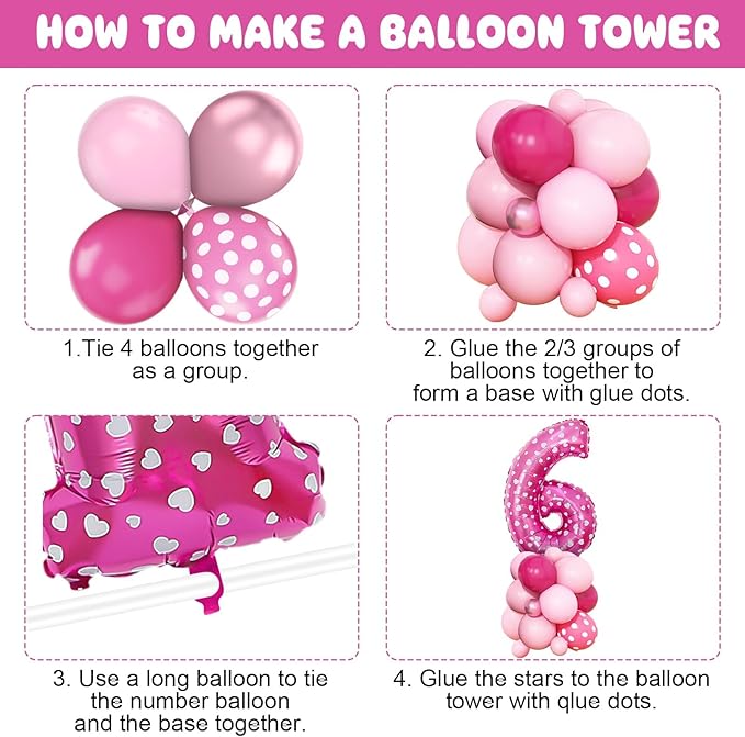 Pink 6th Birthday Balloons Decorations, Hot Pink Rose Polka Dots Balloon Arch Kit, Huge Bow Foil Balloons, pink Number 6 Balloon Tower for Baby Shower Girls Princess 6th Theme Party