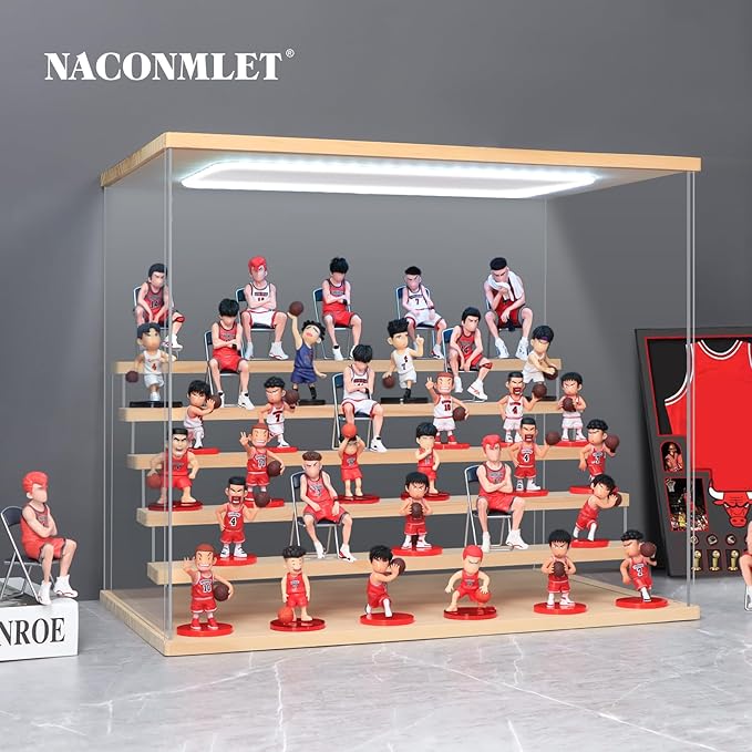 6 Tier Acrylic Display Case with LED Lights, Large Wooden Base Dustproof Showcase for Collectibles, Clear Protection Box for Action Figures, White (19.7" x 12.6" x 16.5")
