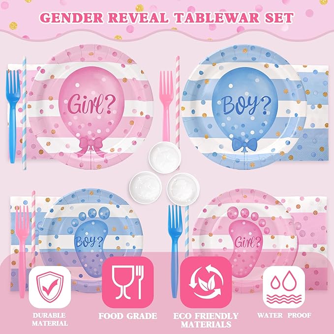 300Pcs Gender Reveal Plates and Cups and Napkins Sets with Forks and Straws, Party Supplies, Pink and Blue Plates, He or She Baby Gender Reveal Decorations, Boy or Girl (Serves 50)