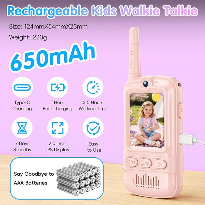 Artman Video Walkie Talkies for Kids, 2 Pack Rechargeable Walkie Talkies with Screen, Long Range Two Way Radios Toys for Family Games, Outside, Camping, Birthday for Boys Girls Ages 3-12 (Blue & Pink)