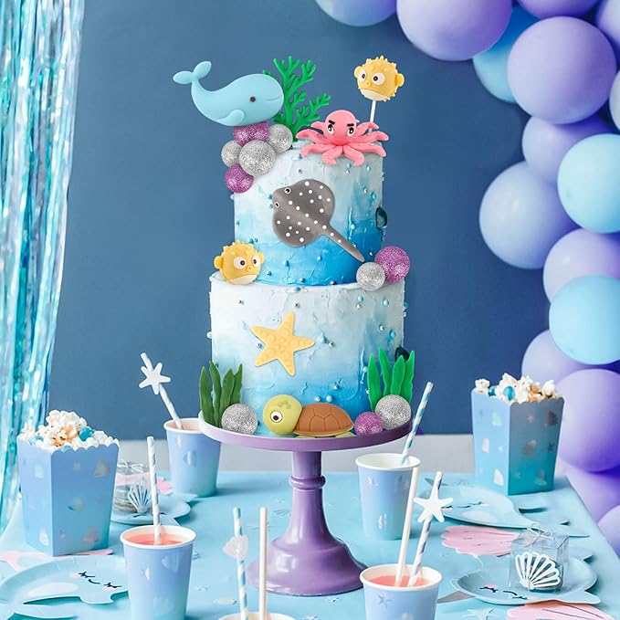 Hooqict 20Pcs Sea Ocean Cake Decorations Set with Mini Octopus, Turtle, Fish, Sealife, Under the Sea Cake Toppers for Underwater World Ocean Animals Theme Baby Shower Birthday Party Decorations