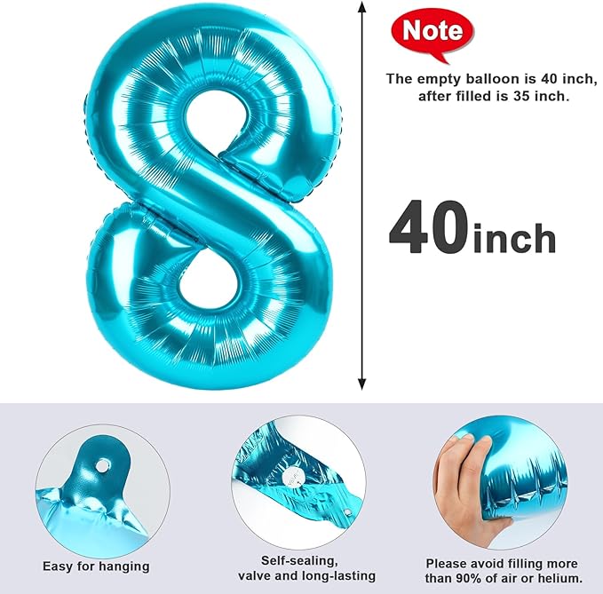 40 Inch Number 8 Balloon, Light Blue 8 18 28 80 Birthday Balloons for Men Boys, 8th Birthday Decorations Party Supplies, Wedding, Graduations