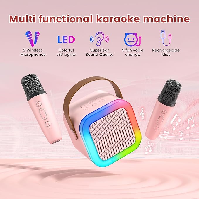 Mini Karaoke Machine for Kids,Portable Bluetooth Speaker with 2 Wireless Microphones,Toddler Music Player Toys,Easter Birthday Gifts for 3,4,5,6,7,8,9,10,11,12+Years Old Girls Boys (Pink)