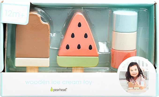 Pearhead Wooden Ice Cream Stacking Toy, Easter Basket Stuffers, Montessori Play Food Set for Fine Motor and Pretend Kitchen Play, Ages 12m+