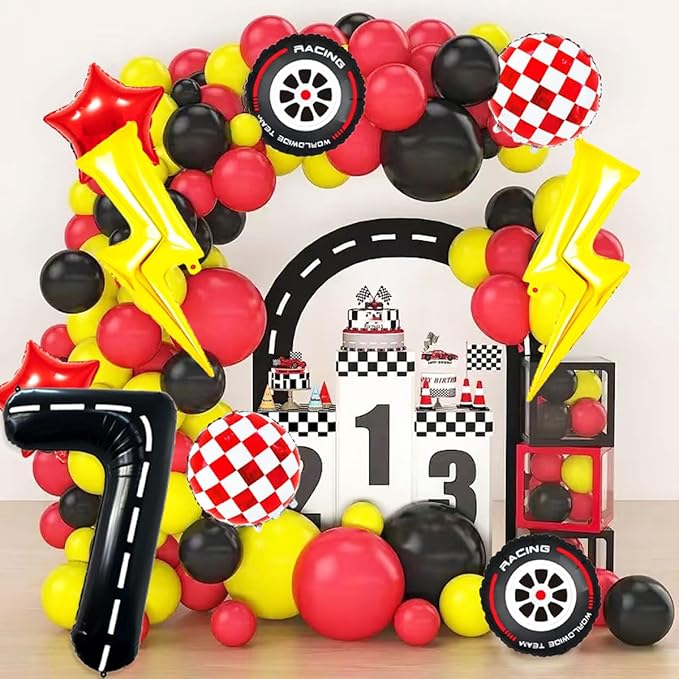 Race Car Birthday Party Decorations Large Lightning Bolt Foil Balloons Race Car Balloons 40 Inch Racetrack Number 7 Balloon for Boys 7th Race Car Birthday Party Decor Supplies
