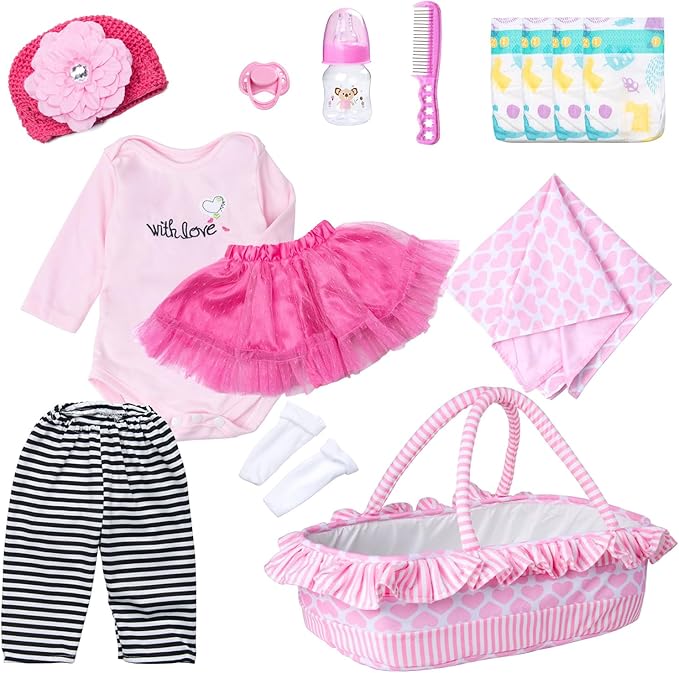PEDOLLTREE 14 Pcs Reborn Baby Dolls Clothes Accessories Outfit with Pink Heart Bassinet and Blanket for 17-22 Inch Reborn Dolls Newborn Baby Girl