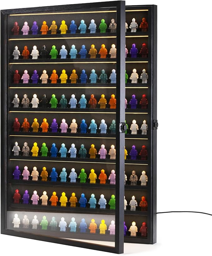 Large 126 Minifigures Miniature Display Case ,LED Building Block Toy Collectibles Display Box , Wall Mount Figure Display Cabinet with Acrylic Protected Clear Lockable Door