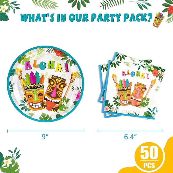WERNNSAI Aloha Luau Plates and Napkins - Serves 50 Gusets 100PCS Hawaiian Tropical Tiki Party Supplies Disposable Tableware Set Luncheon Dinner Paper Plates Napkins for Birthday Party