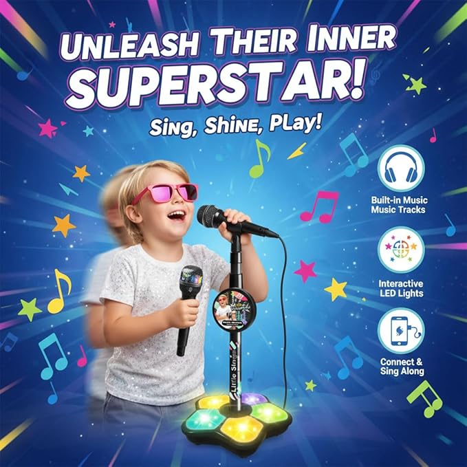 The All-in-One Microphone Toy, 2026 New Kids Karaoke Machine Toys with Adjustable Stand, Colorful Lights, and Echo Effect, for Boys and Girls Christmas Birthday (2PCS B)