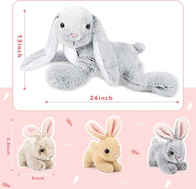 4Pcs Easter Bunny Stuffed Animal- 24" Big Stuffed Bunny Rabbit Plush Toy Gifts for Kids - Cuddly Mommy Bunny Surprise with 3 Small Bunnies Inside
