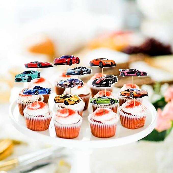 36 PCS RaceCar Cupcake Toppers, Car Party Decoration Birthday Supplies, Supercar Themed Party Supplies Are The Most Popular, Boys and Girls' Birthday Cake Decoration