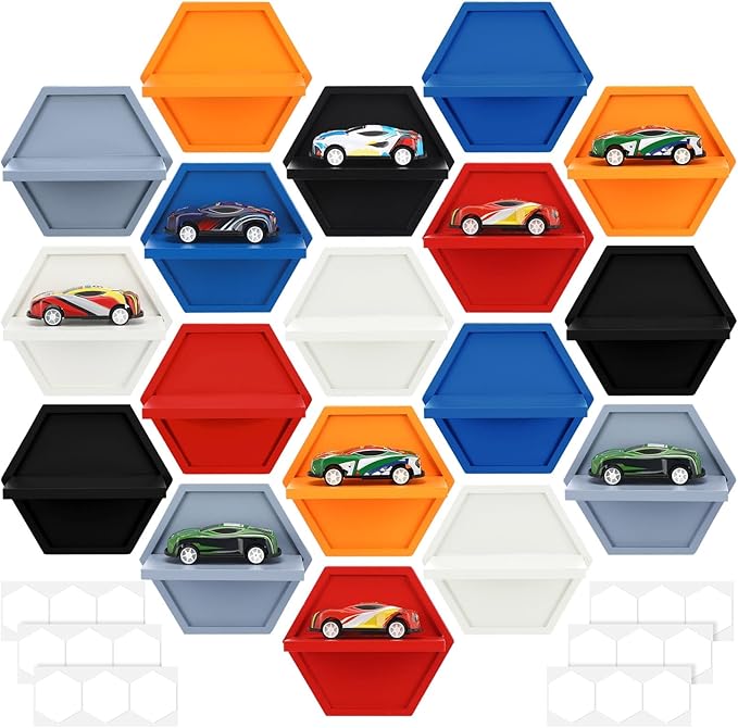 Thyle 18 Pcs Wood Toy Cars Wall Display Hexagon Floating Shelves Compatible with Hot Wheels 1/64 Scale Model Cars Storage Organizer Wall Mount Display Cabinet Case Holds up to 18 Diecast Car