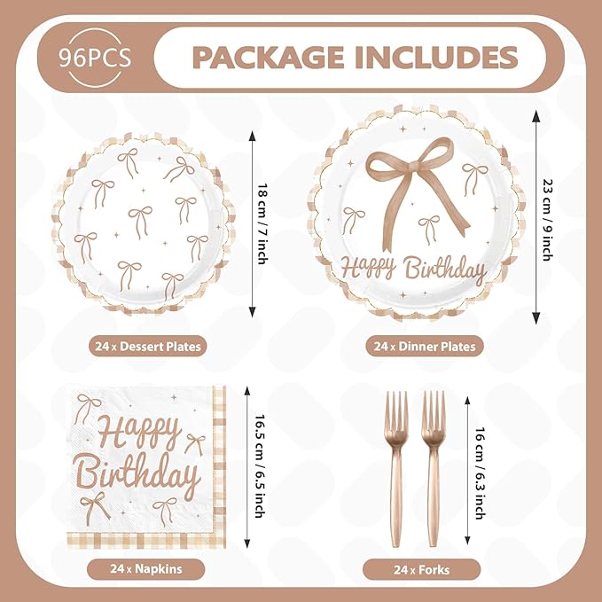96 Pcs Brown Bow Birthday Party Decorations Disposable Brown Plaid Paper Plates and Napkins Vintage Bow Tableware Set for Boys Girls Birthday Party Baby Shower Supplies, Serves 24