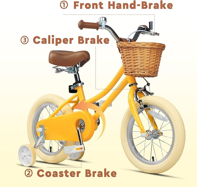 Petimini Vintage Kids Bike for Girls, 12–20 Inch Classic Bicycle with Wicker Basket & Bell, High Tensile Steel Frame, Training Wheels (12–18”), 85% Pre-Assembled, Retro Bike for Outdoor Riding