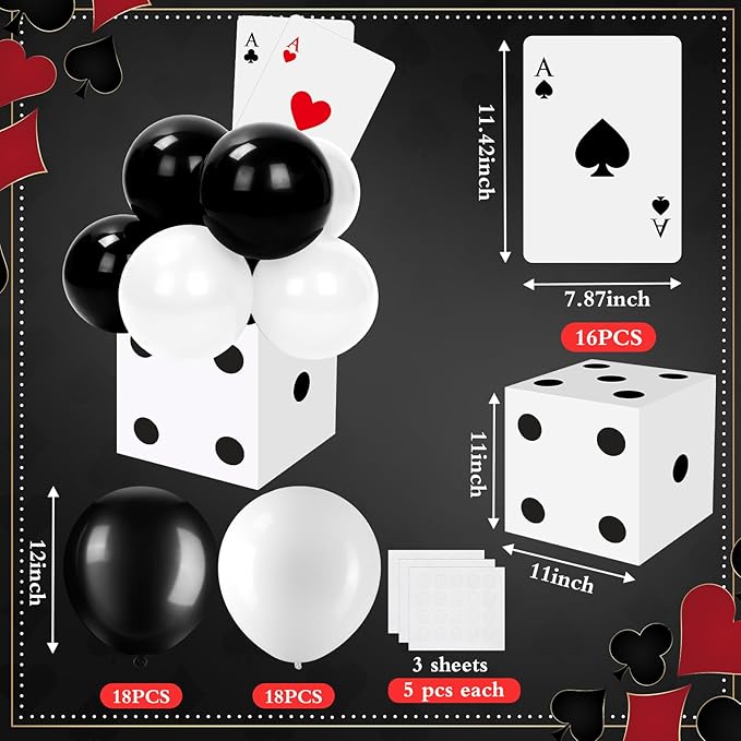 68 Pcs Casino Party Boxes Balloon Poker Cards Decoration-16 Pcs 11 in Casino Dice Favor Boxes 16 Jumbo Playing Cards 36 Balloons for Game Night Birthday Grad Prom Party Supplies(Black White)