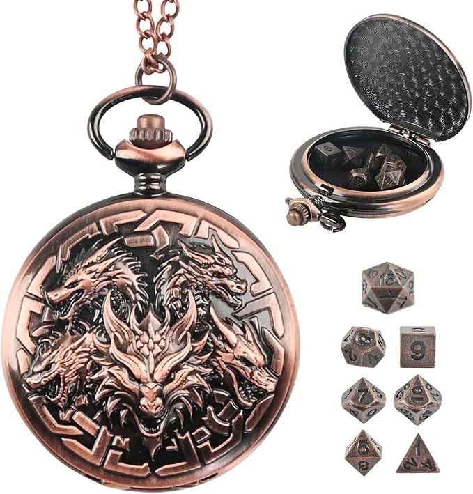 D&D Dice Set,7PCS Metal Dice for Dungeons and Dragons,Mini Dice Set with Pocket Watch Case,Role Playing Board Games Accessories (Dragon, Copper)
