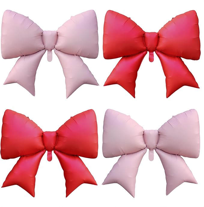 4Pcs Red Pink Bow Balloons Decor/38 Inch Jumbo Bow Birthday Decorations for Girls Women, Valentines Day, Galentines Party, Bachelorette Girls Night, Bridal Shower Wedding Engagement Photo Booth Props