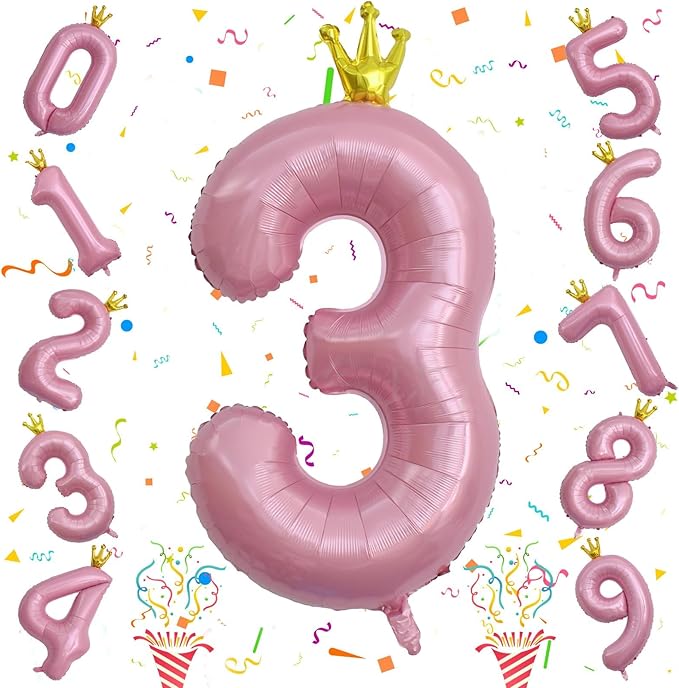 3rd Birthday Number Balloons for Girls, 40 Inch Light Pink Foil Number Balloons, Large Crown Pastel Pink Number Balloons 0-9 Set for Women 30th Birthday Party Decor Anniversary Decoration Supplies