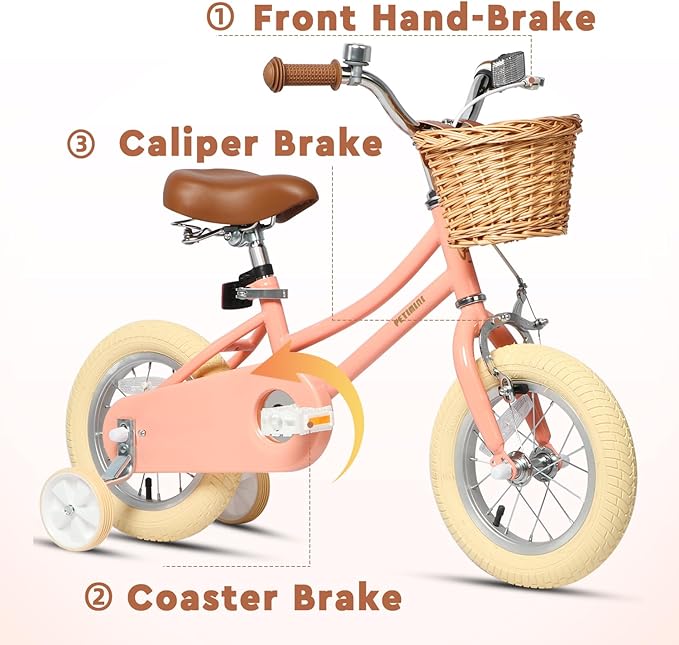 Petimini Vintage Kids Bike for Girls, 12–20 Inch Classic Bicycle with Wicker Basket & Bell, High Tensile Steel Frame, Training Wheels (12–18”), 85% Pre-Assembled, Retro Bike for Outdoor Riding