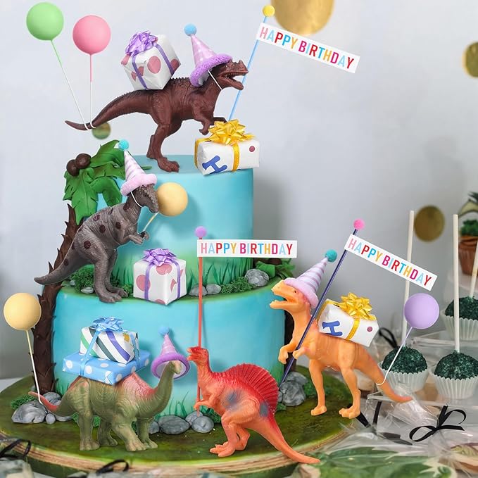 Weysat 37 Pcs Dinosaur Birthday Party Decorations, Dinosaur Cake Cupcake Toppers with Mini Hats Miniature Flags Gift Boxes Balls Figure Models for Dino Themed Birthday Party Supplies Adults