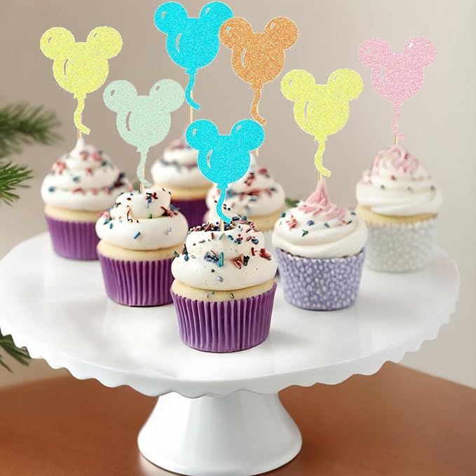 30 Pcs Mouse Inspired Cupcake Toppers Glitter Multiple Colors Mouse Balloon Cake Toppers Decorations for Baby Shower Kids Birthday Party Wedding Anniversary Party Supplies