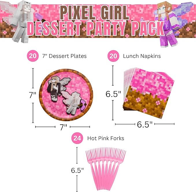 Pixel Girl Value Party Supplies (64 pieces for 20 Guests) - Girl Video Game Party Supplies, Video Game Birthday Decorations for girls, Mining Craft Party, Pixel Miner Party, Video Game Birthday Party