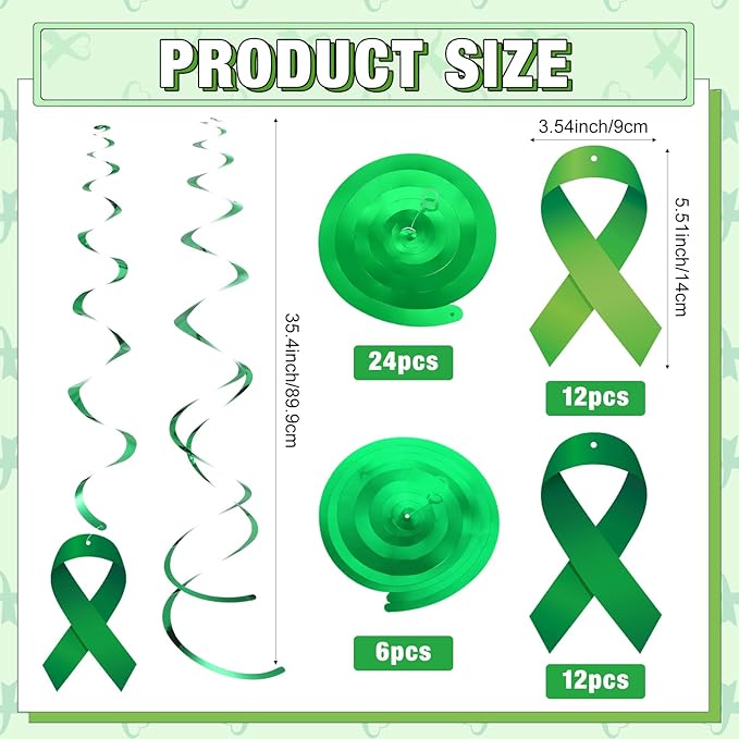 Faccito 54 Pcs Mental Health Awareness Month Decorations Mental Month Ribbon Hanging Swirls Hope Green Ribbons for Party Decor Supplies