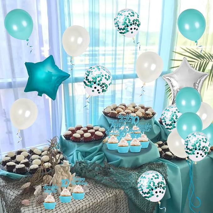 10th Birthday Decorations for Girls Teal, Double Digits Party Supplies Turquoise Banner Cake & Cupcake Toppers Number 10 Helium Balloon Star Foil Balloon for 10 Year Old Girl Party Decorations