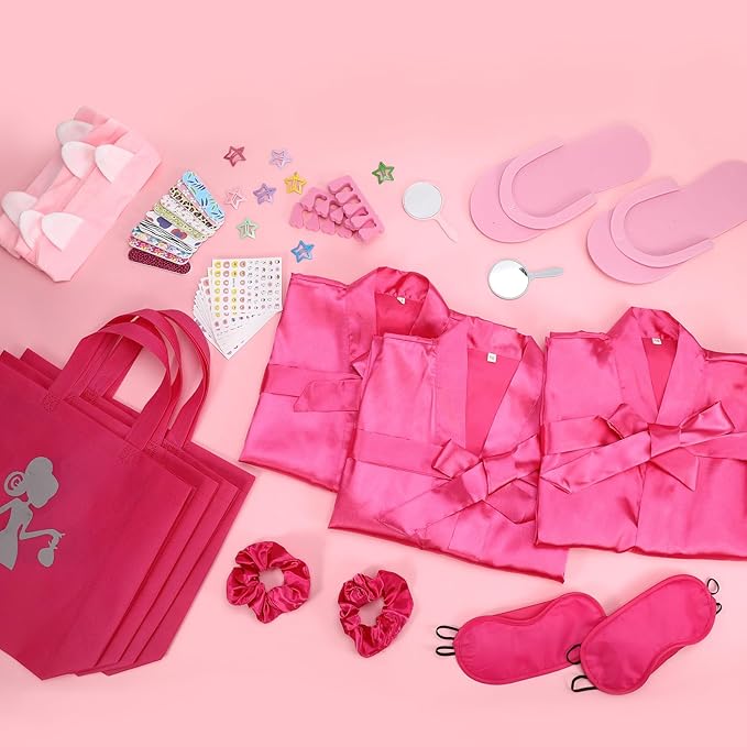 122 Pcs Kids Spa Party Favors Kit - Girls Satin Robes, Nail Salon & Tote Bags for Slumber, Birthday & Halloween Parties - Complete DIY Spa Set for 10 Guests