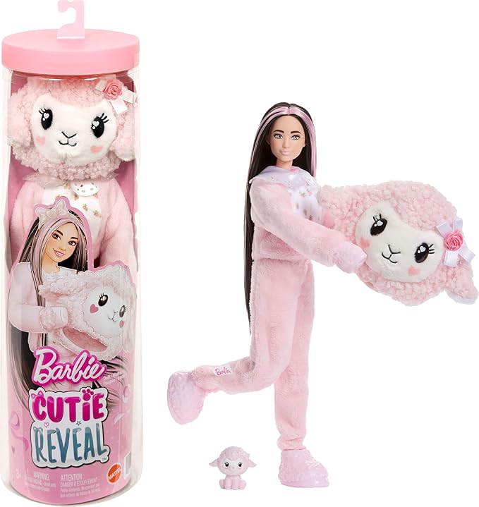 Barbie Cutie Reveal Doll & Accessories, Cuddly Series Lamb with 10 Surprises Including Color Change & Mini Pet