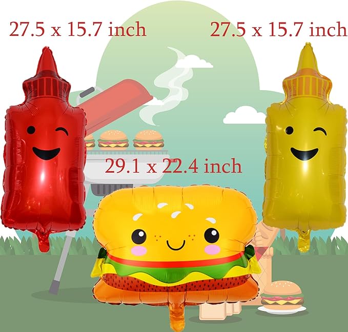 10Pcs Picnic BBQ Party Balloons Hamburger Hot Dog Ketchup Mustard Bottle Balloons for BBQ Picnic Cookout Summer Birthday Baby Shower Party Decorations Supplies