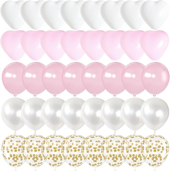 Pink Balloons, 60 Pcs Pastel Light Baby Pink and Pearl White Heart Latex Balloons, 12 Inch Double Stuffed & Gold Confetti Balloon for Girls Women Birthday Wedding Bridal Baby Shower Bachelorette Party
