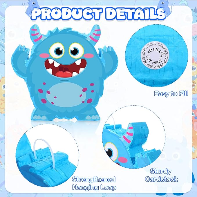 Little Monster Themed Piñata Birthday Party Decorations Cartoon Piñata with Stick Blindfold for Valentine Day Wedding Baby Shower Anniversary Party Decorations Centerpiece Photo Prop