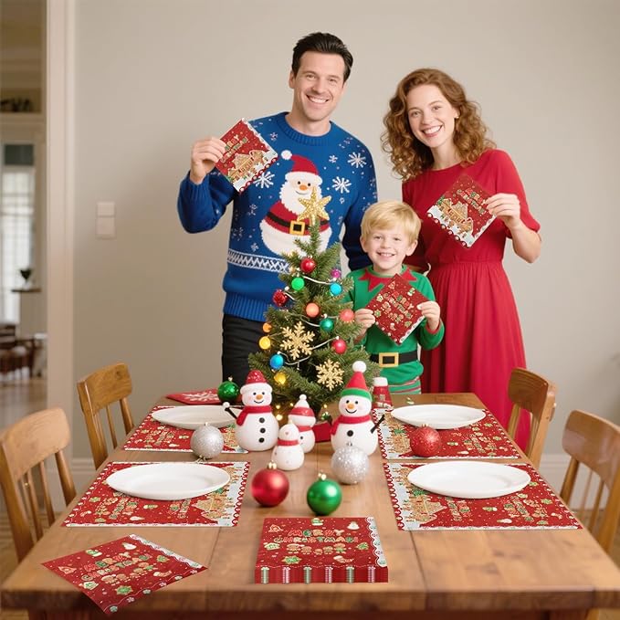 100Pcs Christmas Gingerbread Napkins, 13 x 13inch Snowflakes Xmas Luncheon Paper Napkin Red Santa Party Napkins for New Year Winter Holiday Christmas Party Supplies