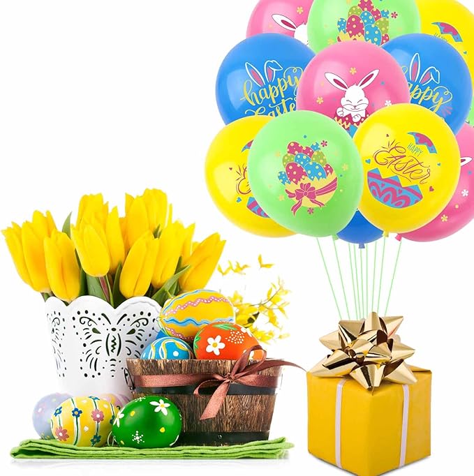 Happy Easter Balloons Bunny Eggs Balloons Green Pink Blue Yellow Party Balloon For Easter Themed Party Bunny Decorations Decor Supplies Arch Decorations Party Balloon Sets-12 Pcs
