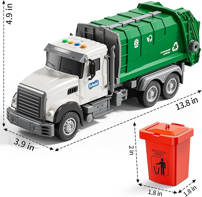 Kids Garbage Truck Toy Friction Powered Waste Management Garbage Recycling Truck with Lights, Sounds, 3 Rear Loader Trash Bins, Gifts for 3 4 5 6 7 8 Years Old Boys Girls