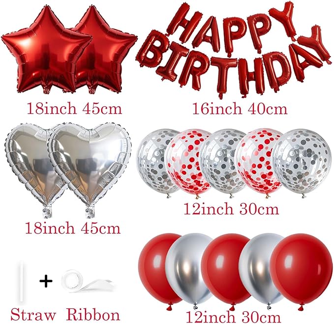 27 Pcs Red Silver Birthday Decorations, Red Happy Birthday Letters Balloon Banner 3D, Pentagram Heart Foil Balloons Confetti Balloons Kit For Boys Girls Party Supplies