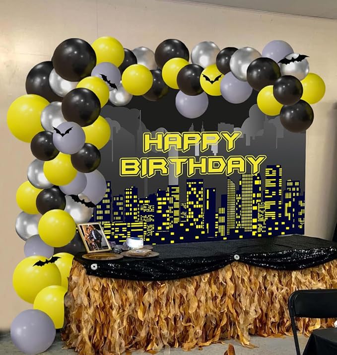 54 PCS Bat Theme Birthday Decorations Superhero Super City Backdrop 5x3FT Black Yellow Silver Balloons Arch Garland Kit Full Moon Bat Background Children Party Supplies