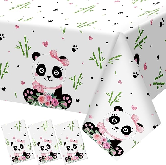 Coume 3 Pack Panda Birthday Party Decorations Panda Theme Tablecloth Favors Large Plastic Cute Table Cover for Kids Birthday Party Valentines Day Baby Shower Supplies, 54 x 108 Inches(Novelty Style)