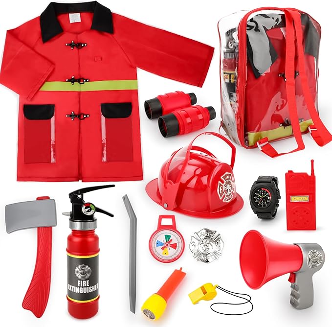 deAO Fireman Costume for Kids, 13 Pcs Fire Fighter with Toys Accessories Set with Washable Storage and Extinguisher, Kids Fireman Dress Up Clothes Pretend Play Toy Birthday Gifts for Boys Girls