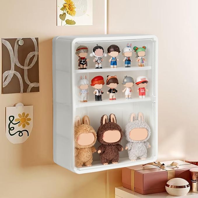4-Tiers Clear Display Case for Figures, Wall-Mounted Display Box with Adjustable Shelves, Dustproof Display Cabinet Organizer for Mini Figures, Blind Box Toys and Collectibles (White)