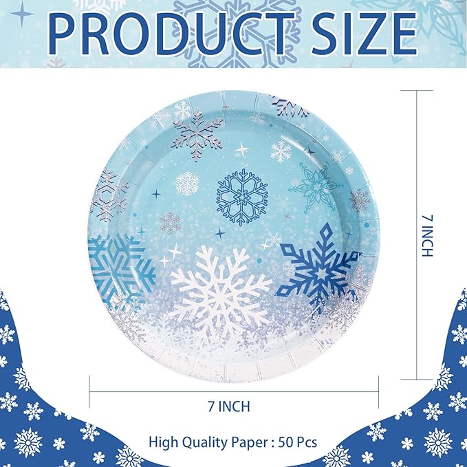 50Pcs Winter Frozen Snowflake Paper Plates 7 Inch Heavy Duty Snowflake Dessert Plates Winter Blue Wonderland Disposable Plate for Girls Winter Xmas Holiday Frozen Birthday Party Decorations