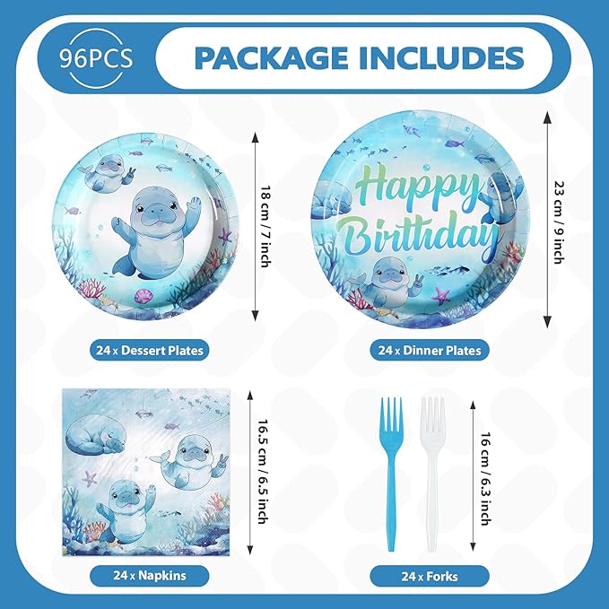 96Pcs Manatee Birthday Decorations Blue Under the Sea Plates and Napkins Ocean Animal Theme Decorations Favors for Kids Sea Ocean Marine Creature Birthday Baby Shower Party Supplies Serves 24