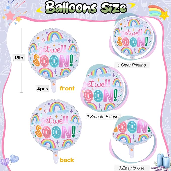 18 Inch Get Well Soon Foil Balloons Set, 4pcs Mylar Round Rainbow Balloon with GET WELL SOON Letter Print Helium Balloons for Kids Adults Hospital Recovery Cheer Up Thinking of You Party Decorations