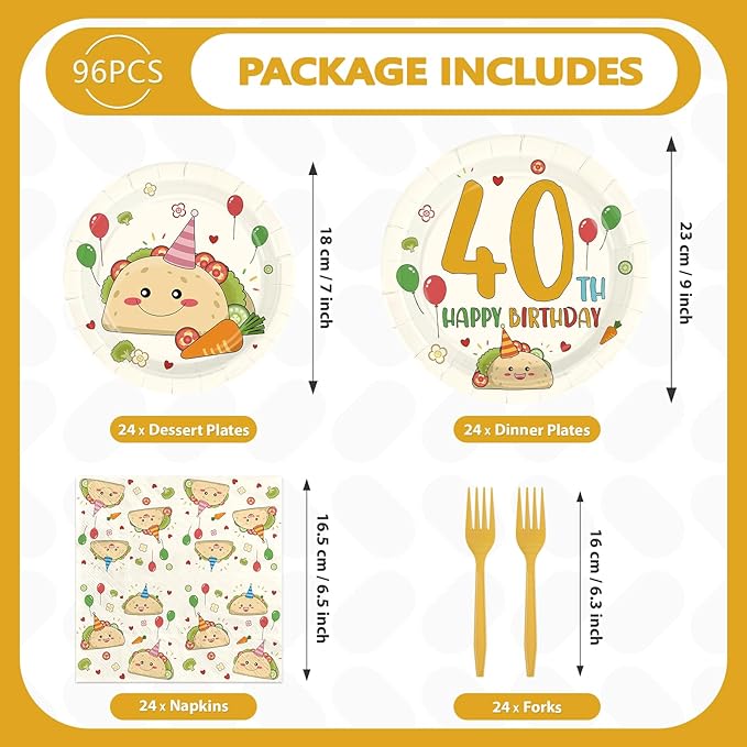 96Pcs Taco 40th Birthday Party Decorations for Men Happy 40th Birthday Plates and Napkins Sets Yellow Cute Taco Themed Decorations for Adult 40 Years Old Bday Party Supplies Serves 24