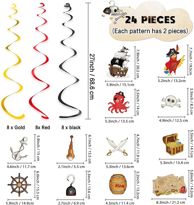 WERNNSAI Pirate Party Decorations - 24 PCS Pirate Party Supplies Pirate Treasure Hanging Swirl Streamers for Kids Boys Pirate Caribbean Birthday Party Decorations Baby Shower Ceiling Hanging Decor